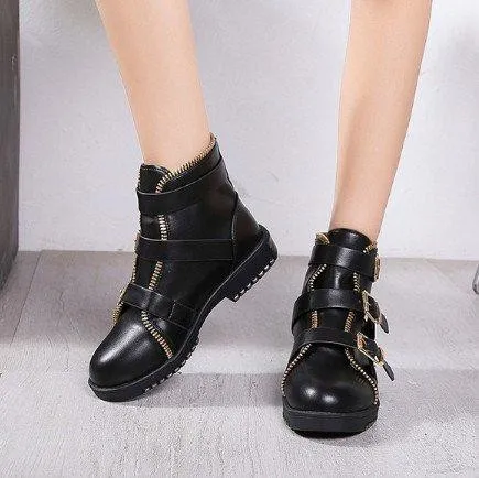 Gunmetal Zipper Daily Adjustable Buckle Spring/Fall Chunky Heel Boot