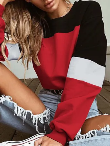 Long Sleeve Casual Color-block Crew Neck Plus Size Blouse