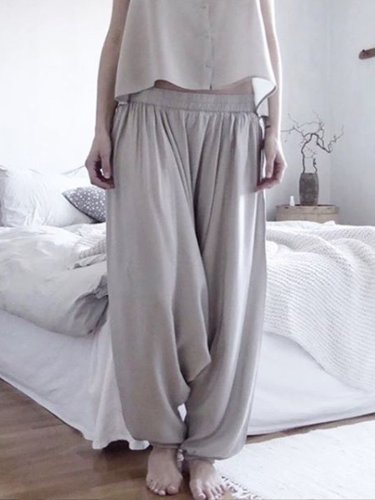 Light Gray Solid Casual Cotton-Blend Pants