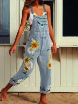 Sleeveless Denim Floral Floral-Print One-Pieces Jumpsuit Overalls
