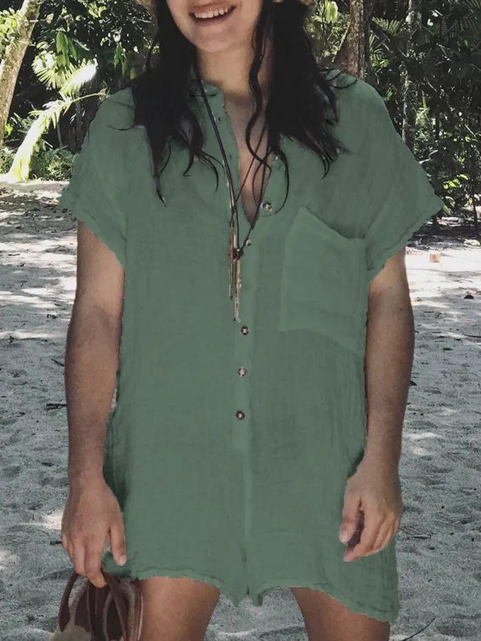 Plus Size Casual Solid V Neck Short Sleeve Pockets Suits