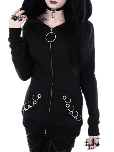 Black Hoodie Zipper Casual Long Sleeve Coat