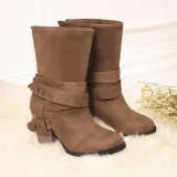 Women Comfy Suede Mid-Calf Chunky Heel Slip-On Boots