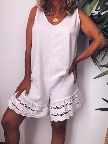 White Casual Sleeveless V Neck One-Pieces