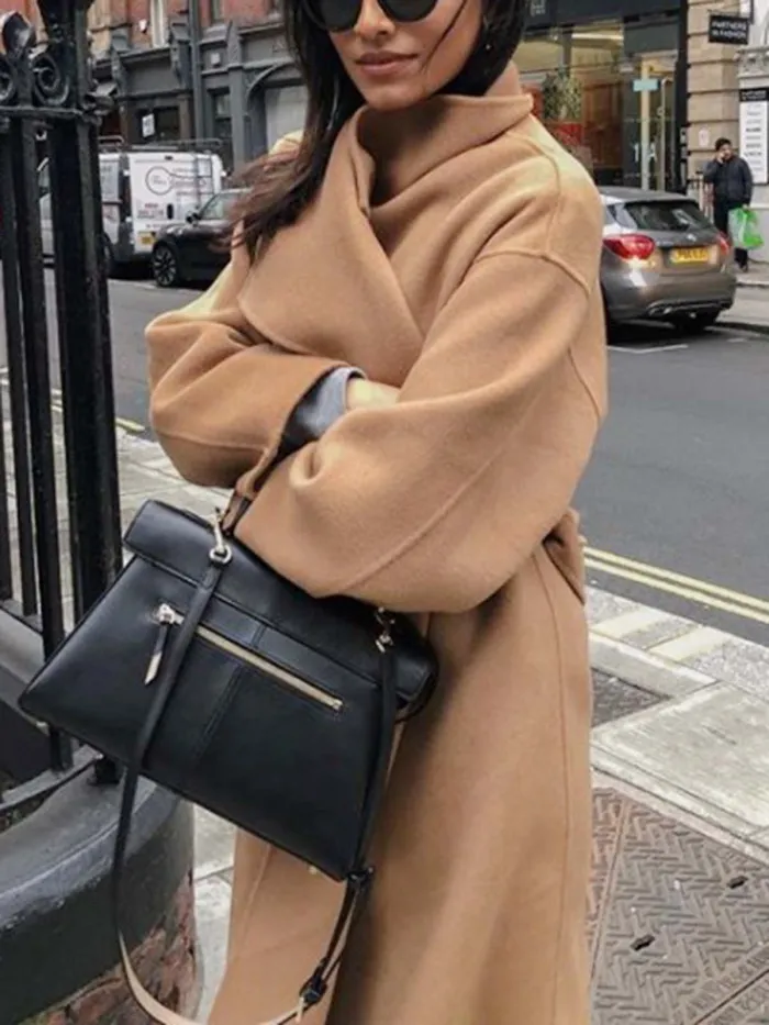 Camel Long Sleeve Plain V Neck Outerwear