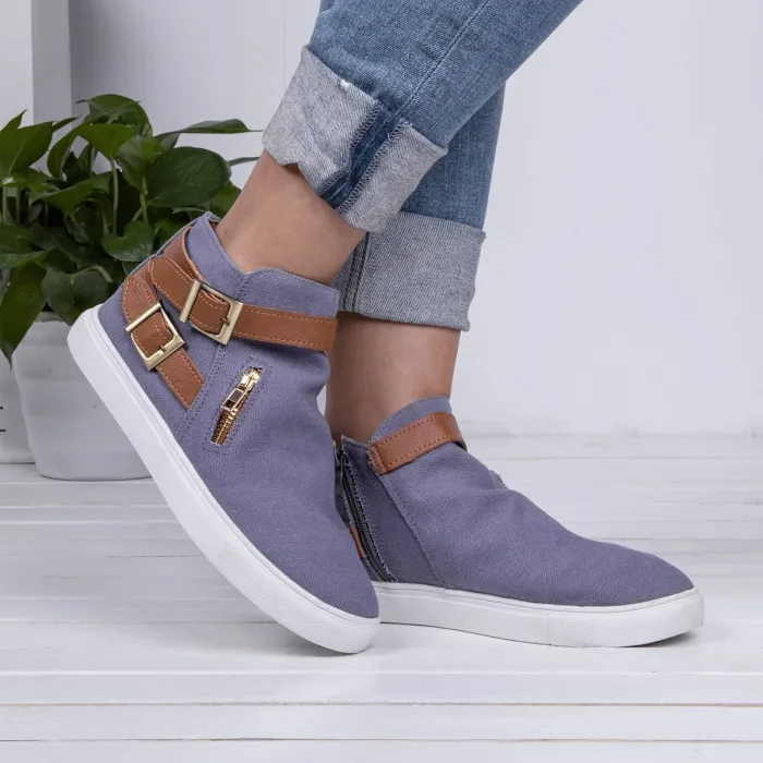 Plus Size Canvas Ankle Boots Flat Heel Buckle Booties with Zipper