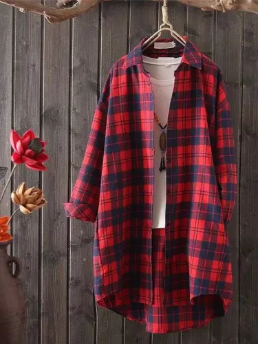 Plus Size Women Long Sleeve Plaid Loose Casual MIdi Shirt Jacket