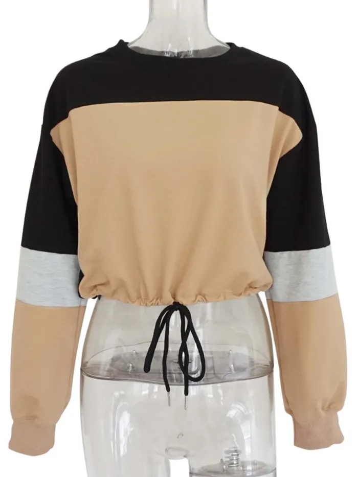 Long Sleeve Casual Color-block Crew Neck Plus Size Blouse
