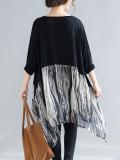 Patchwork Crew Neck Long Sleeve Loose Blouse