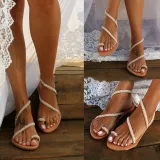 Women Boho Handmade Pearl Beach Sandals  Bridal Shoes