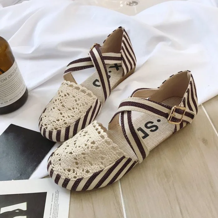 Women Preppy Canvas Fisherman Shoes Buckle Hollow Out Flats