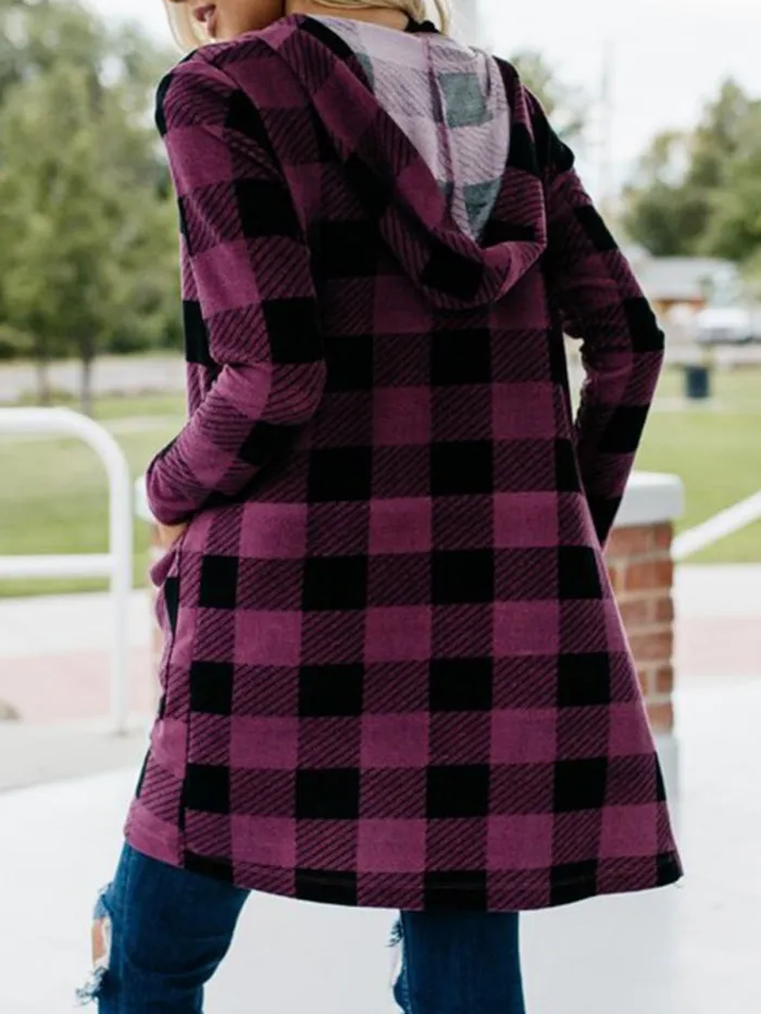 Gingham Casual Buttoned Women's Boyfriend Cardigans With Hoodie