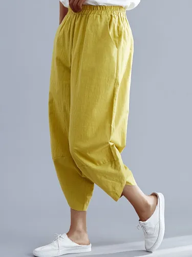 Plus Size Women Solid Cotton Loose Casual Harem Pants
