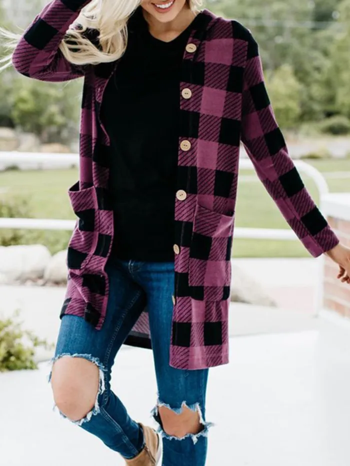 Gingham Casual Buttoned Women's Boyfriend Cardigans With Hoodie
