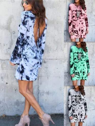 Back Hollow-up Printed Vintage Round Neck Long Sleeve Causal  Dresses
