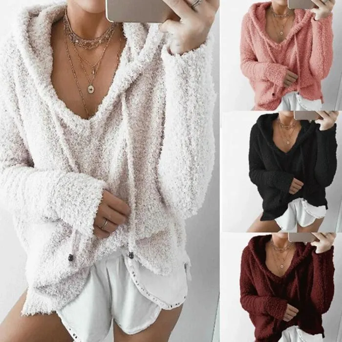 Women Winter a Long Hooded Sweatshirt Mohair Solid Color
