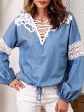 V neck Embroidered Solid Balloon Sleeve Blouse