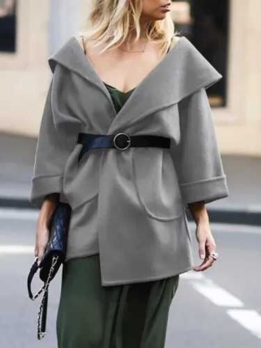 Solid Pockets Long Sleeve Shawl Collar Coats