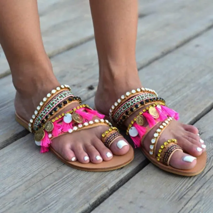 Handmade Women Sandals Tassel Flat Holiday Sandals with Beading