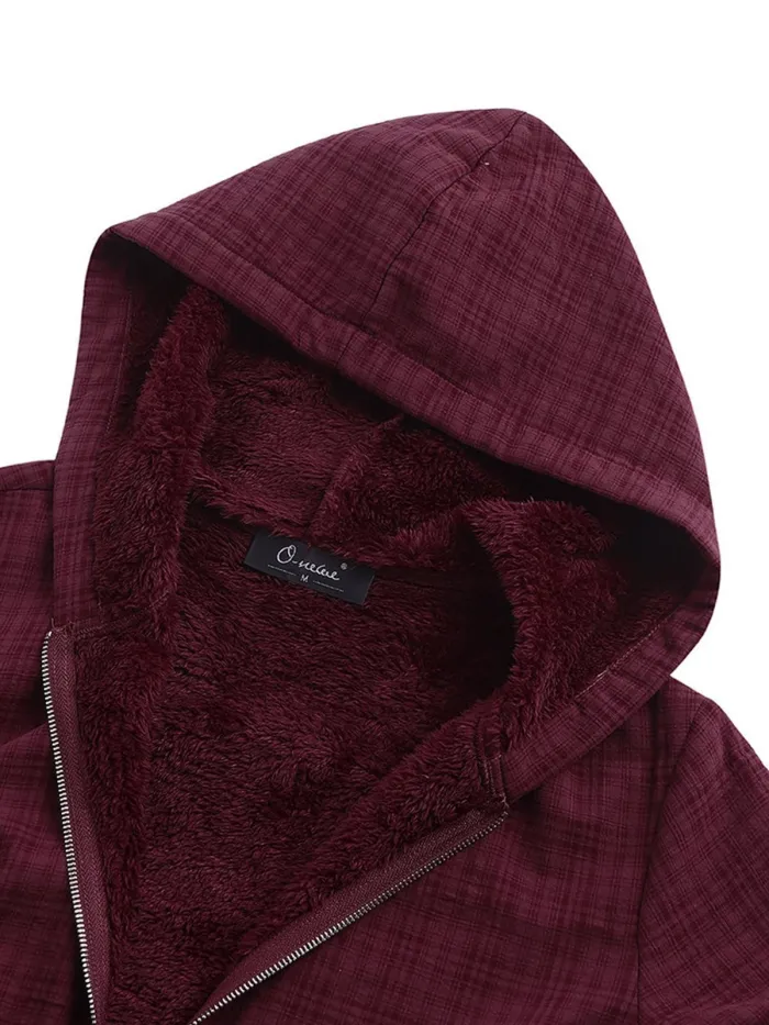 Wine Red Hoodie Zipper Solid Casual Coats