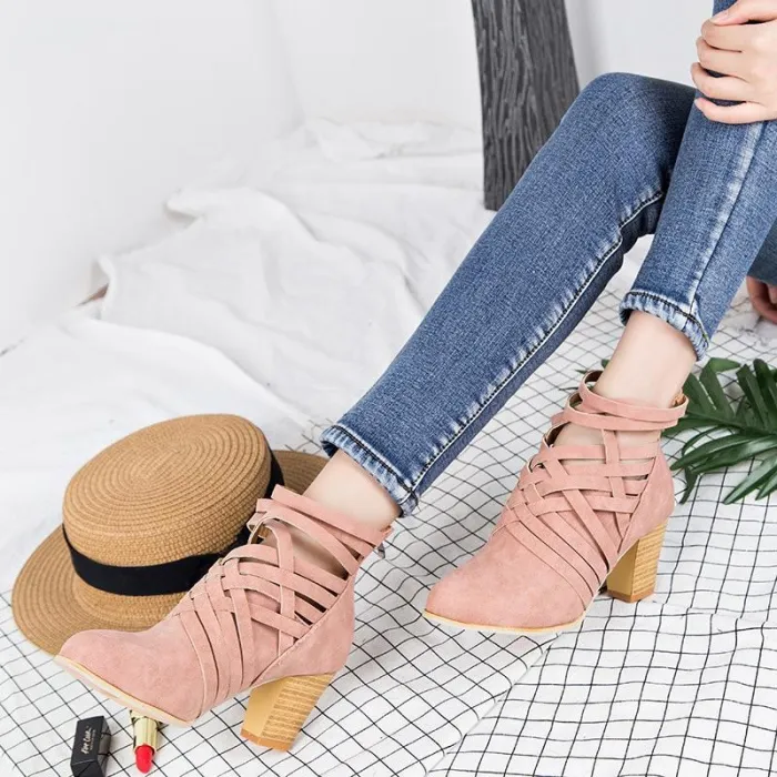 Weave Zipper Casual Chunky Heel Suede Boots