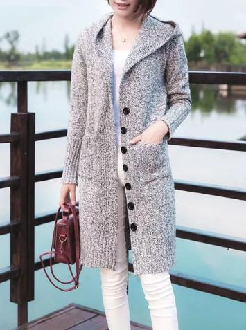 H-line Plain Casual Long Sleeve Buttoned Cardigan