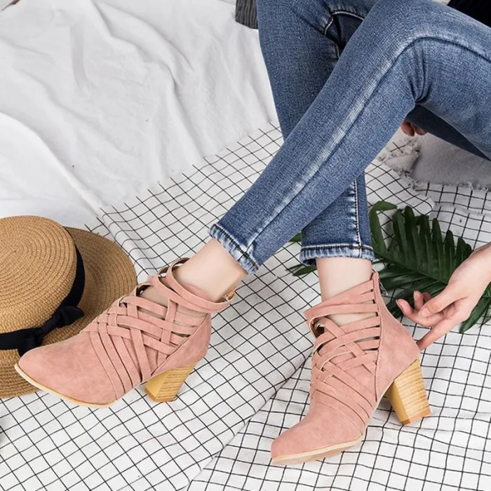 Weave Zipper Casual Chunky Heel Suede Boots