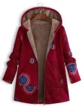 Ethnic Print Fleece Zipper Hooded Autumn Winter Coat