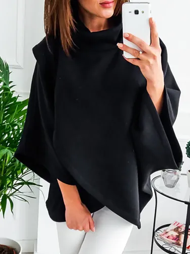 Asymmetric Cotton-blend Casual Turtle Neck Hoodies & Sweatshirt