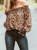 Long Sleeve Off Shoulder Leopard Print Gathered Blouse & Shirts