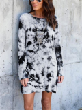 Back Hollow-up Printed Vintage Round Neck Long Sleeve Causal  Dresses