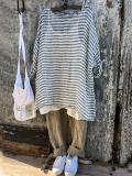 Casual Round Neck 3/4 Sleeve Striped Plus Size Bat Sleeve Tops