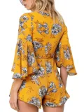 Women Chiffon Overlay Flare Sleee Floral Print Romper Dress