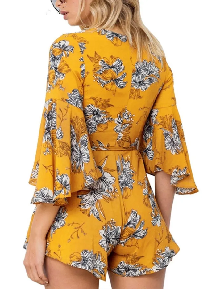 Women Chiffon Overlay Flare Sleee Floral Print Romper Dress