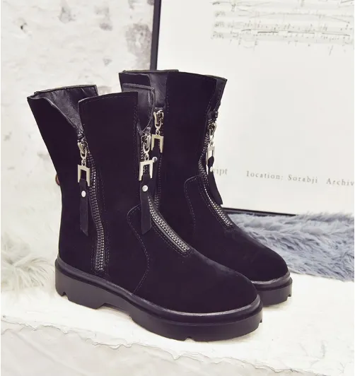Women Date Low Heel Winter Boots Suede Platform Zipper Booties