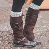 Vintage Lace Up Mid-calf Split Joint Boots Adjustable Buckle Low Heel Boots