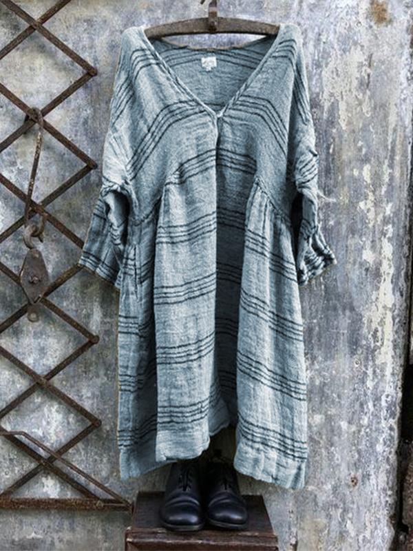 Casual Linen V-Neck 3/4 Sleeve Striped Plus Size Bat Sleeve Tops