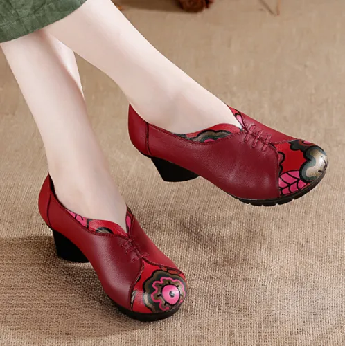 Handmade Chunky Heel Color Block Casual Genuine Leather Loafer