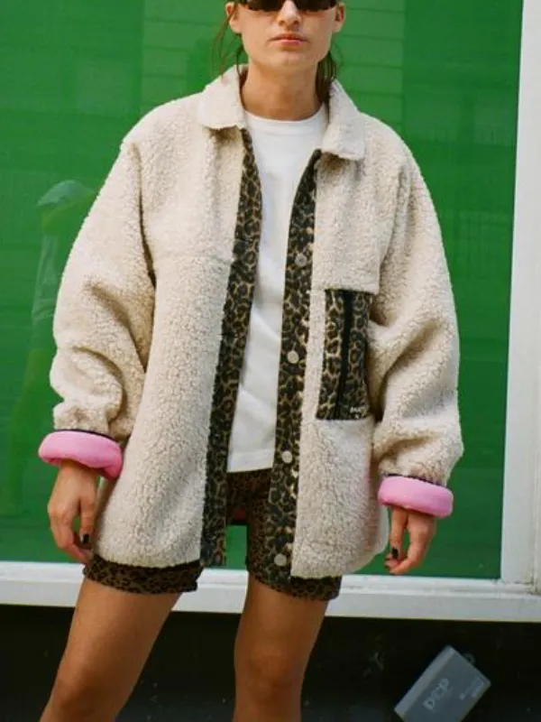 Leopard Print Side Zipper Pocket Paneled Woven Lapel Holiday Coat