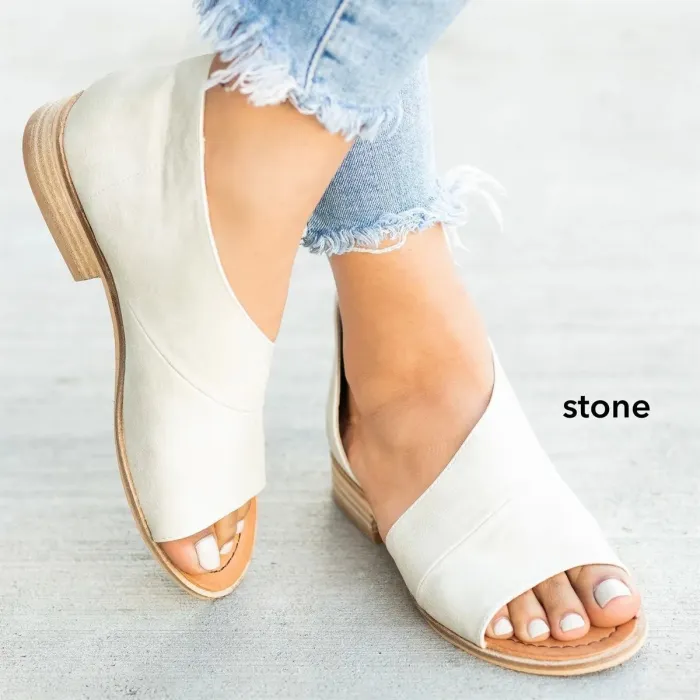 Peep Toe Side-cut Style Stacked Heel Flats