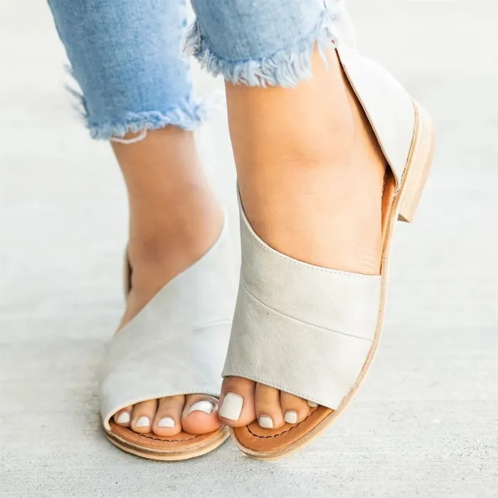 Peep Toe Side-cut Style Stacked Heel Flats