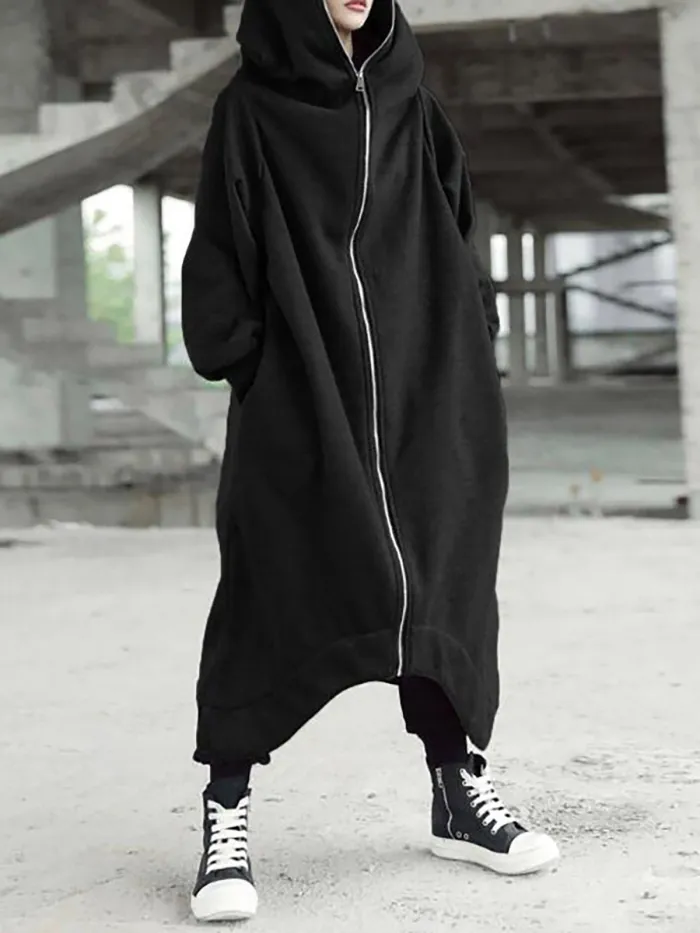 Hooded Long Sleeve Zip Irregular Long Coat