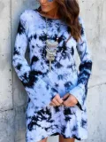 Back Hollow-up Printed Vintage Round Neck Long Sleeve Causal  Dresses