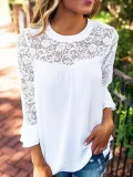 White Solid Crew Neck Laser Cut Casual Shirts &Blouse