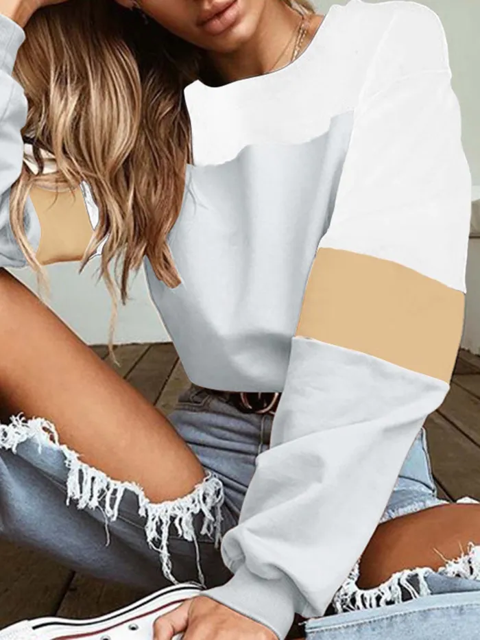 Long Sleeve Casual Color-block Crew Neck Plus Size Blouse