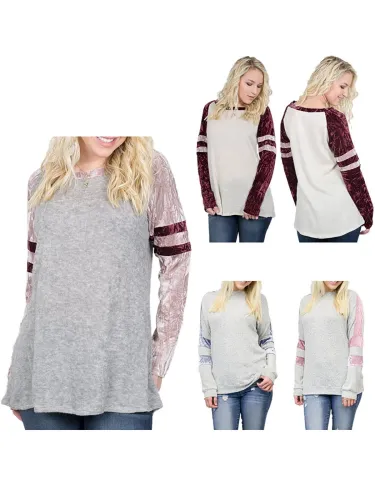 Womens Long-sleeved Parallel Striped Velvet Sweatshirt T-shirt