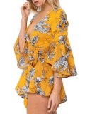 Women Chiffon Overlay Flare Sleee Floral Print Romper Dress