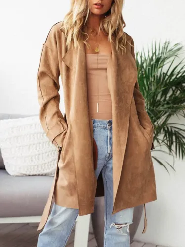 Khaki Elegant Paneled Pu Plain Coat