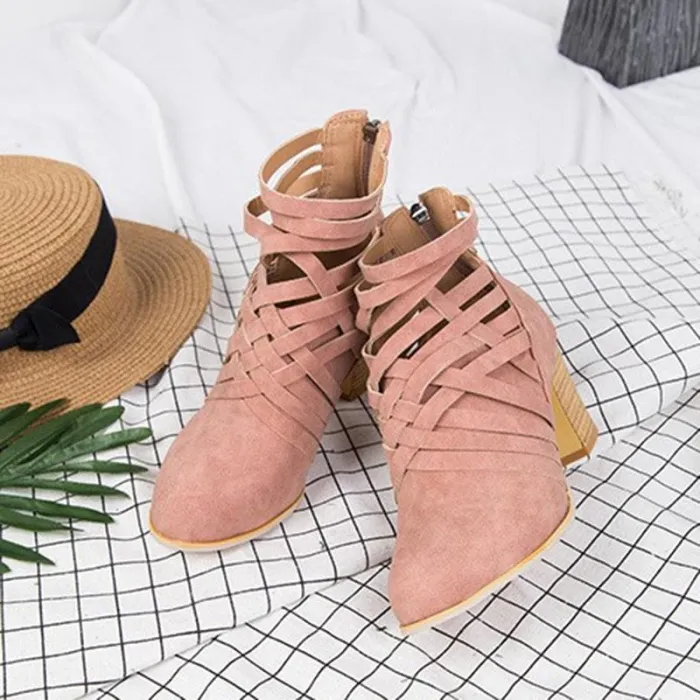 Weave Zipper Casual Chunky Heel Suede Boots