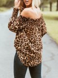 Long Sleeve Off Shoulder Leopard Print Gathered Blouse & Shirts